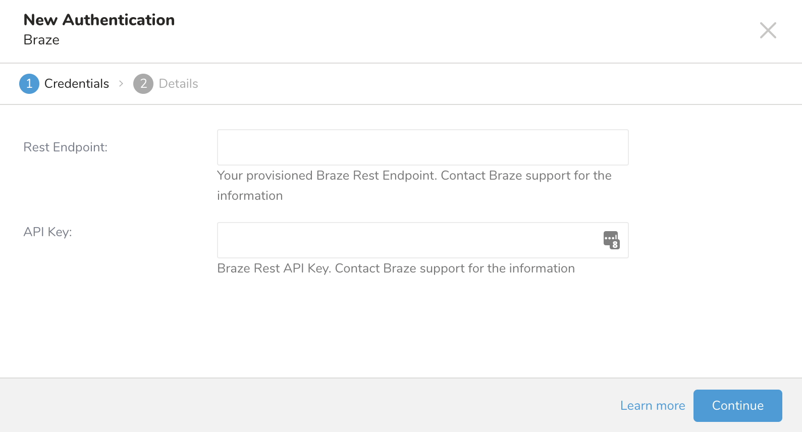 Treasure Data Braze-Authentifizierungsformular mit Feldern für REST-API-Schlüssel und Endpunkt.