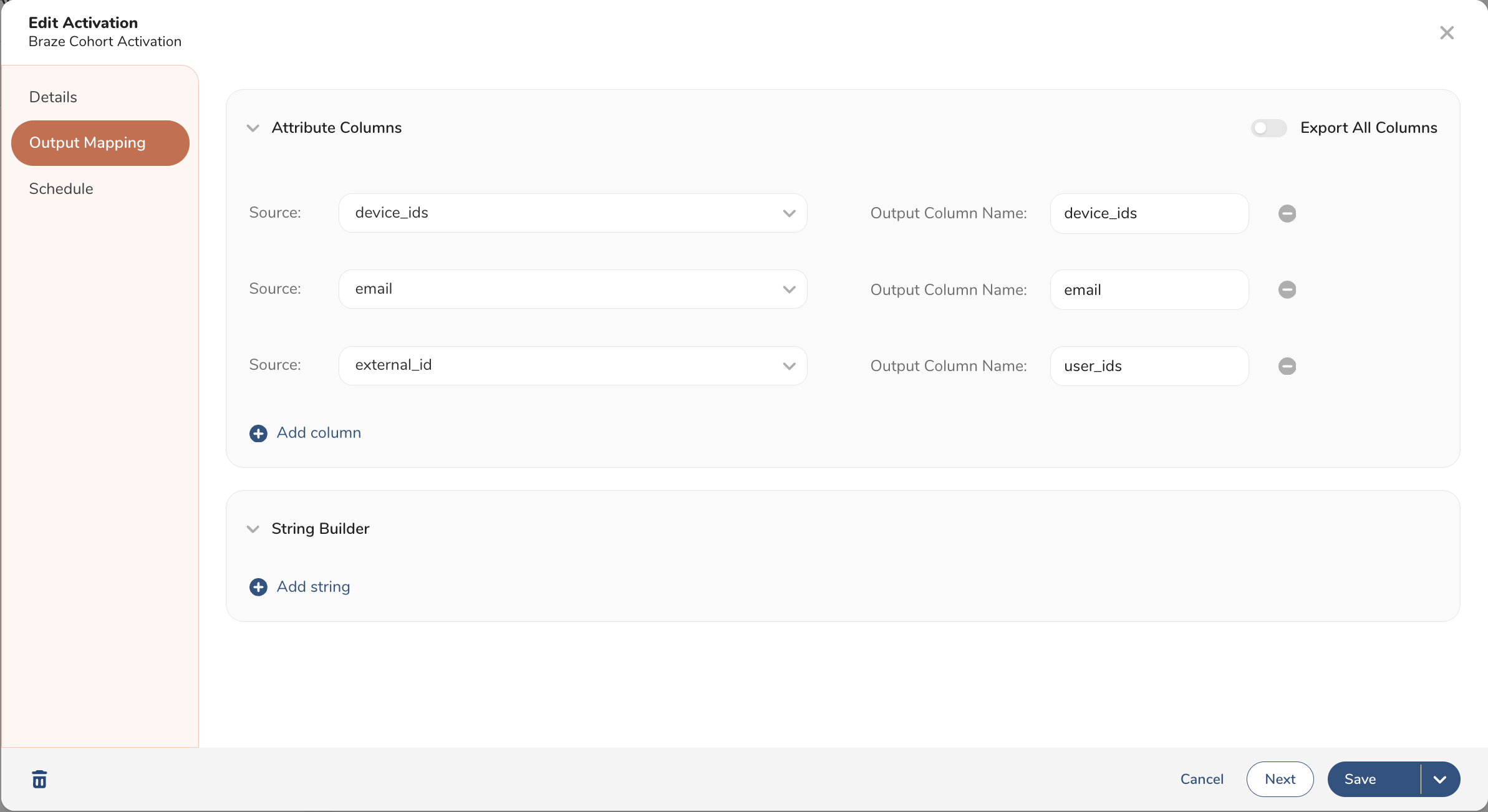 Treasure Data Integrations – Aktivierung Ausgabe-Abbildung