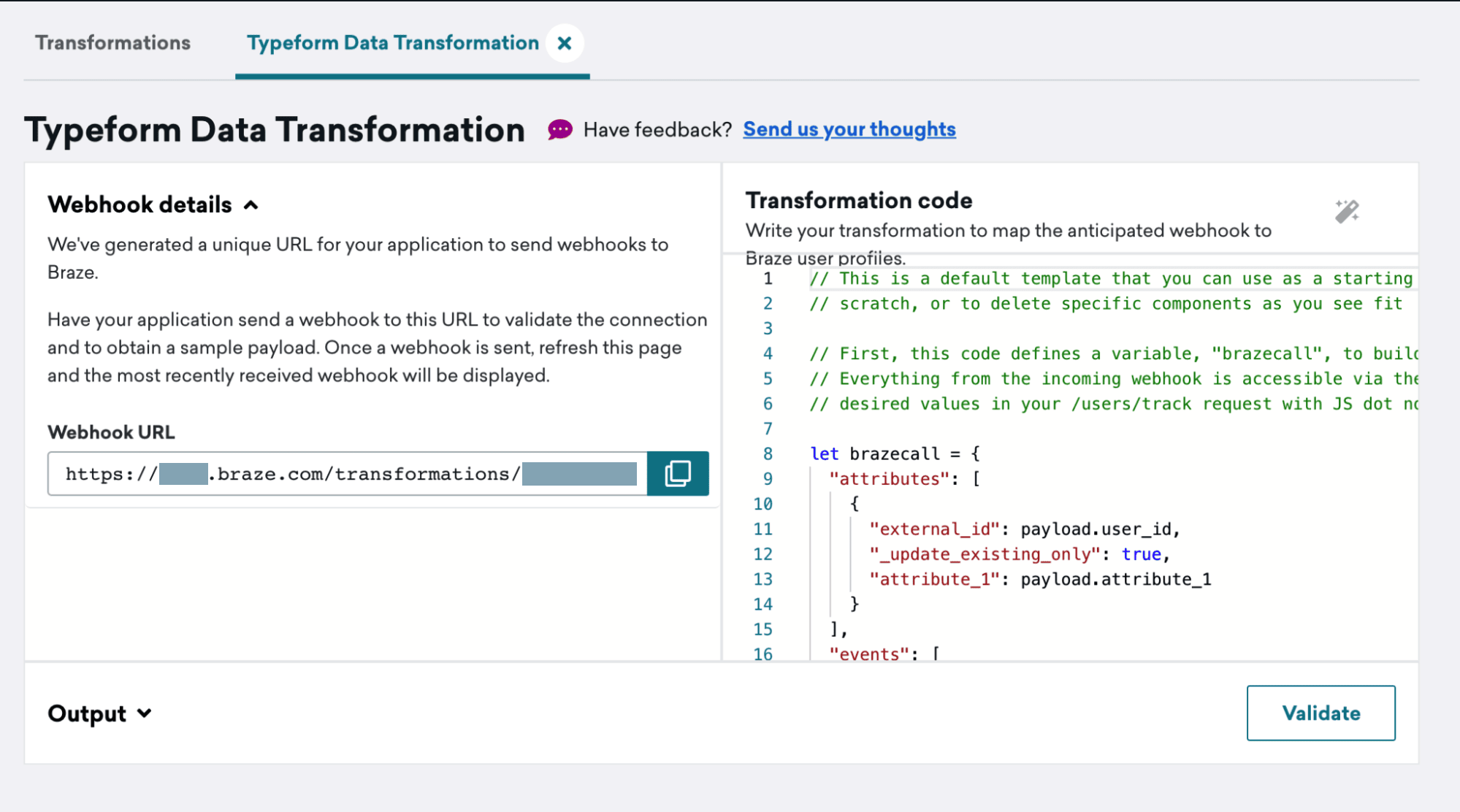 Ein Beispiel für Webhook-Details und Transformationscode.
