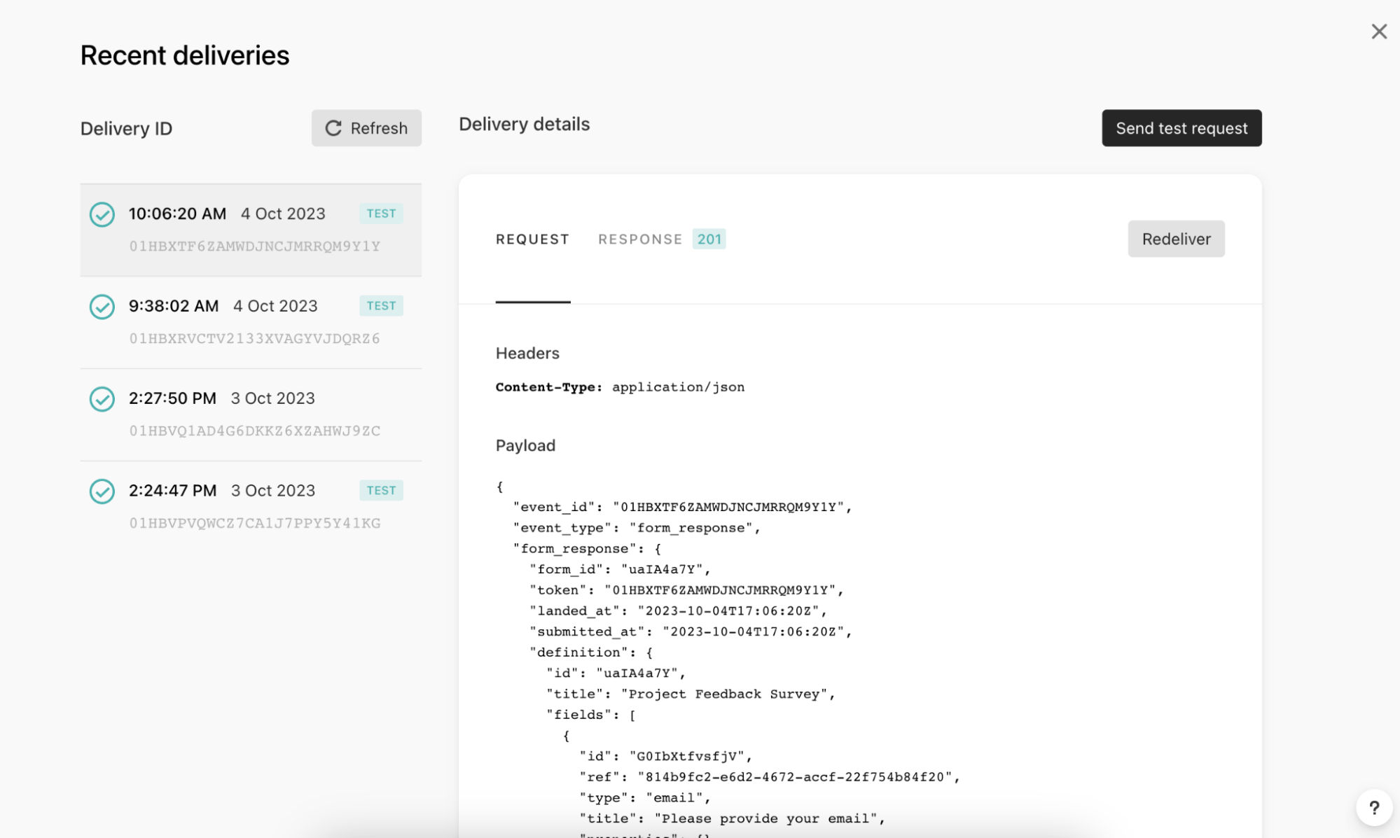 Typeform-Seite „View deliveries“ mit ausgewähltem „Send test request“.