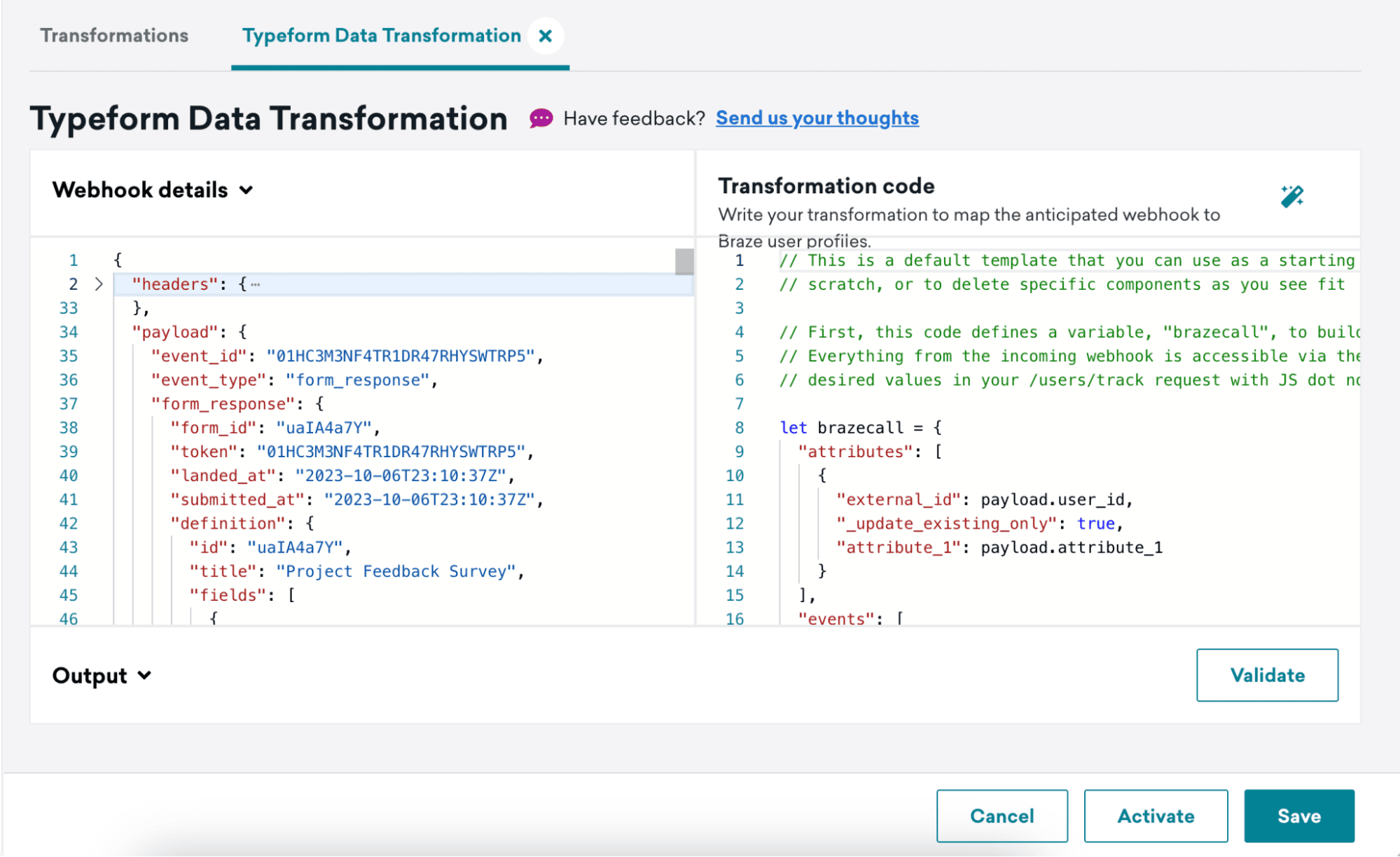 Vorschau der Datentransformation mit einer erfolgreichen Validierung der Typeform-Testnutzlast.