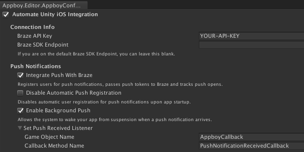 Der Unity-Editor zeigt die Braze-Konfigurationsoptionen an. In diesem Editor wird die Option „Set Push Received Listener“ erweitert und der „Game Object Name“ (AppBoyCallback) sowie der „Callback Method Name“ (PushNotificationReceivedCallback) angegeben.