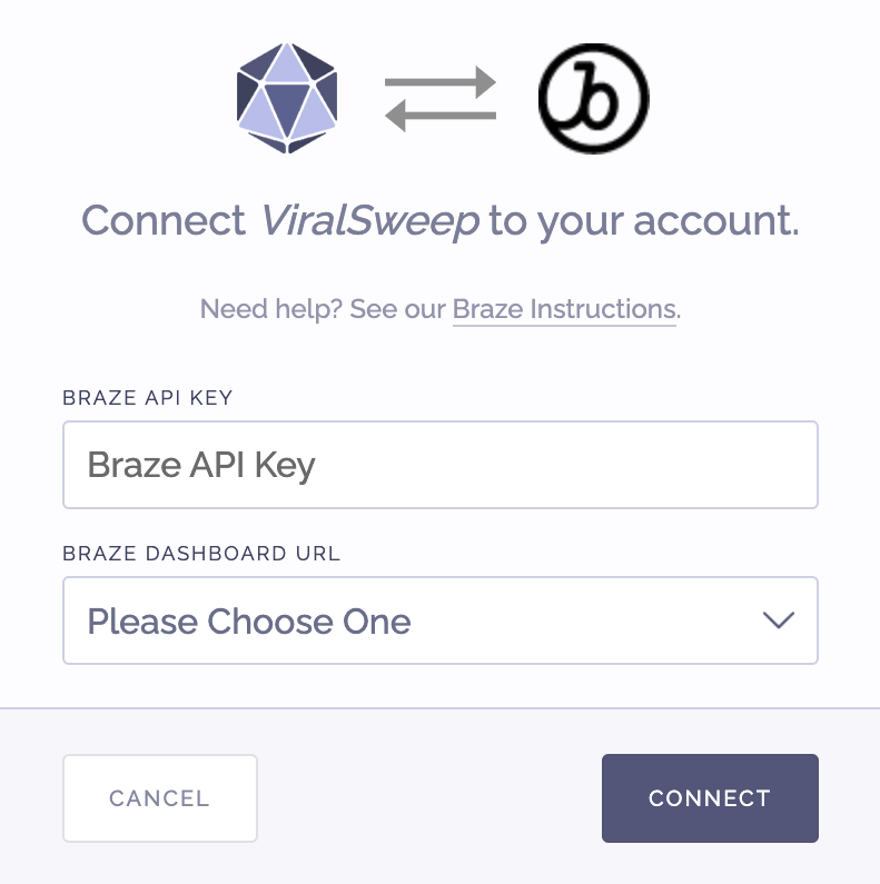 ViralSweep-Seite zur Dienstintegration, die Nutzer:innen zur Eingabe des Braze-API-Schlüssels und der Braze-Dashboard-URL auffordert.