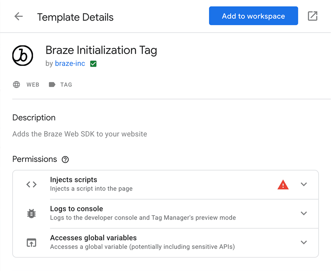 Die Seite „Braze Initialization Tag“ im Google Tag Manager.