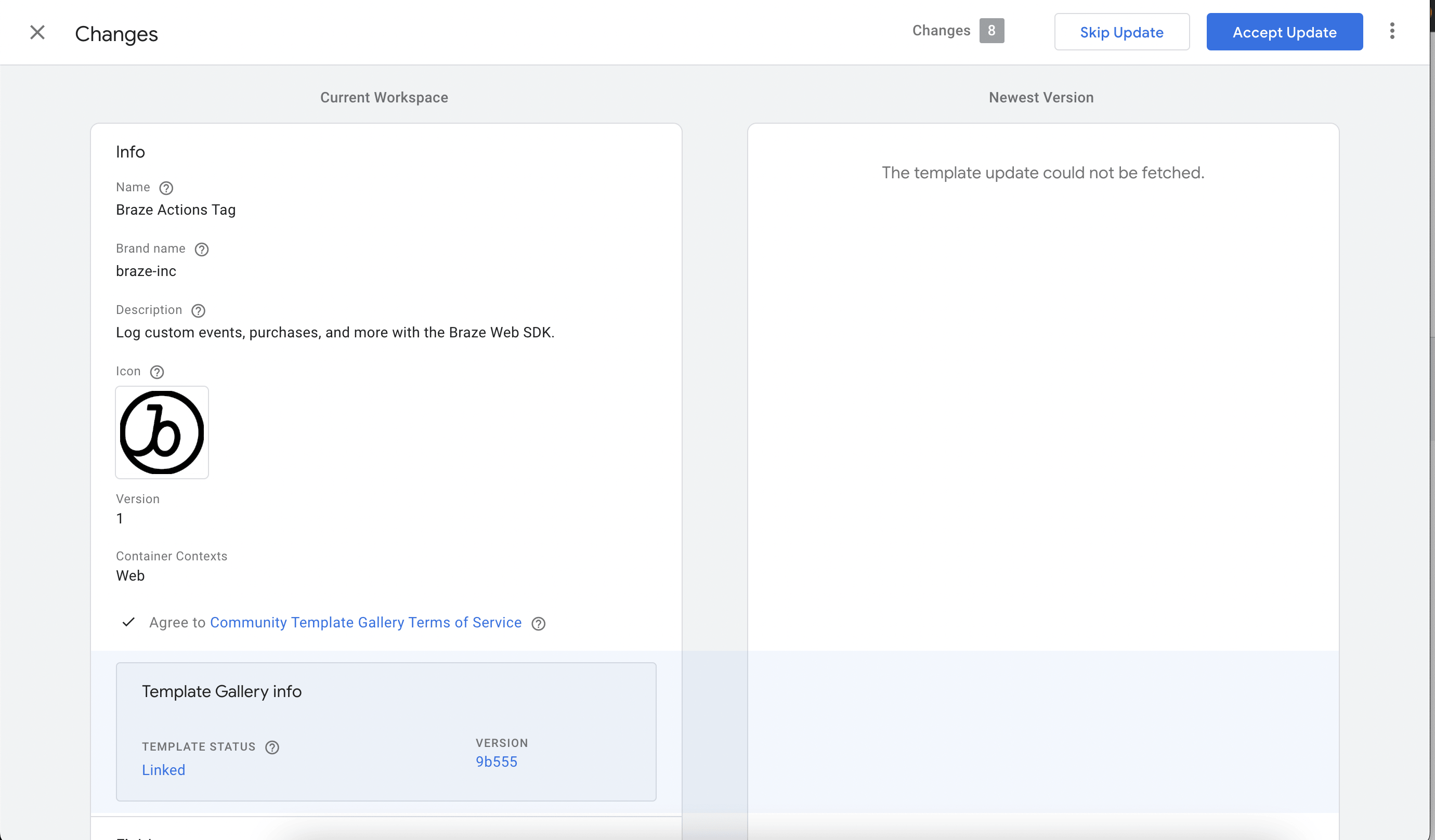 Ein Bildschirm, der die alten und neuen Tag-Templates vergleicht, mit einem Button „Accept Update“