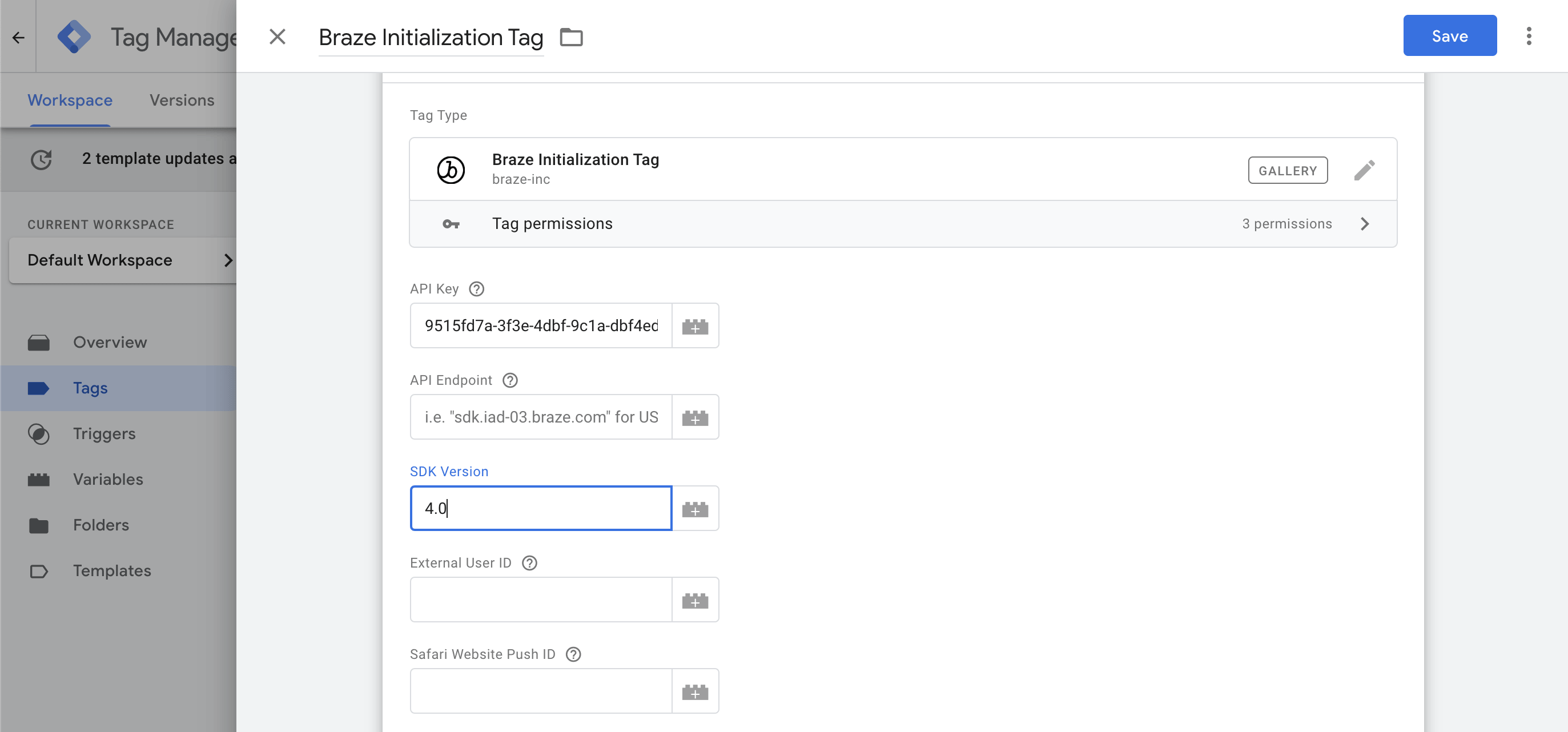 Braze-Initialisierungs-Template mit einem Eingabefeld zum Ändern der SDK-Version
