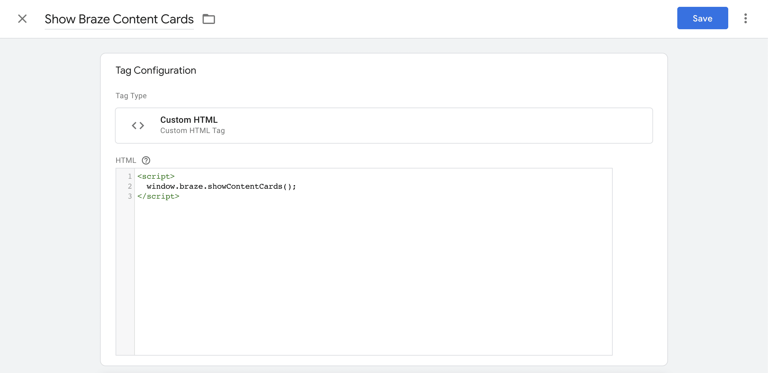 Tag-Konfiguration im Google Tag Manager eines Custom-HTML-Tags, das den Content-Card-Feed anzeigt.