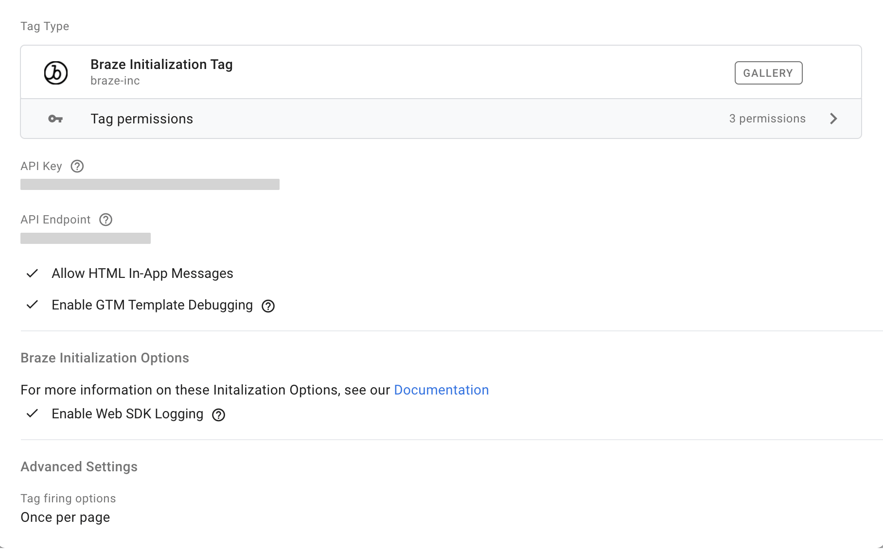 Die Übersichtsseite des Braze-Initialisierungs-Tags mit der aktivierten Option „Enable Web SDK Logging“.