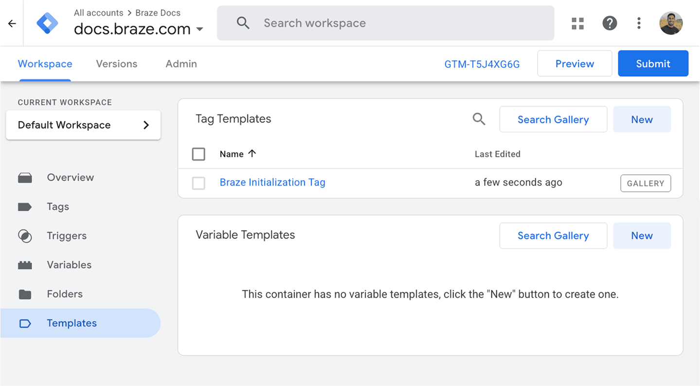 Die Seite „Templates“ im Google Tag Manager mit dem Braze Initialization Tag Template.