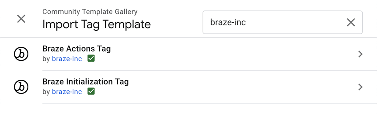 Die Template-Galerie mit den verschiedenen „braze-inc“-Templates.