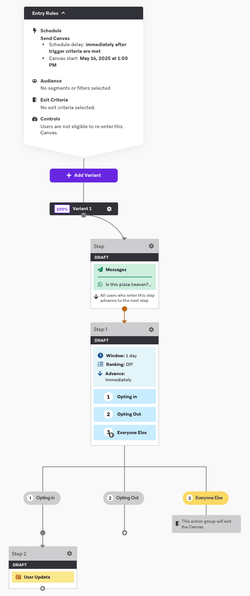 Canvas, das den Workflow für das Senden von Ads That Click to WhatsApp zeigt, einschließlich drei Aktionspfaden: Opt-in, Opt-out und Alle anderen.