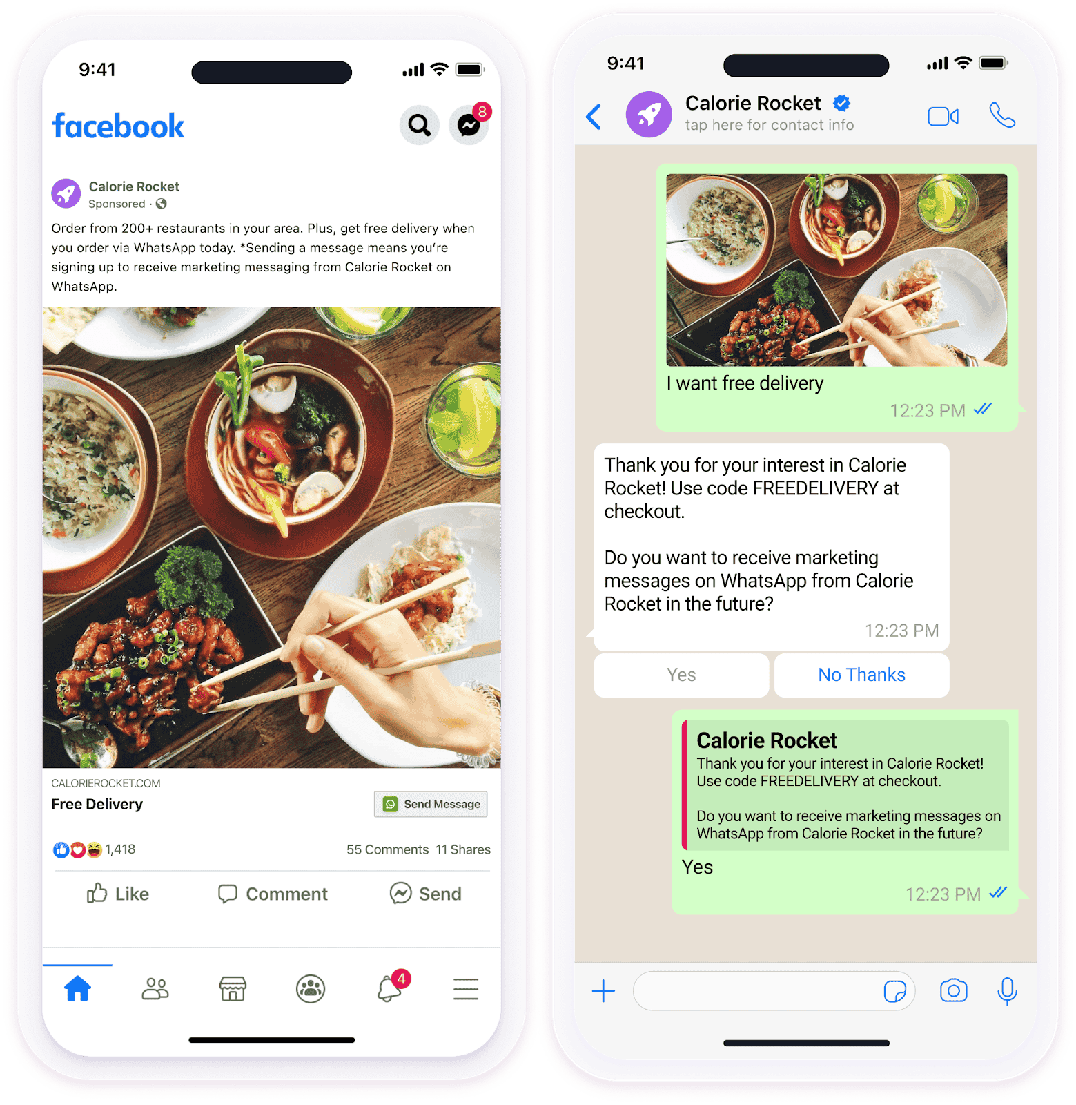 Eine Facebook-Anzeige von Calorie Rocket, die kostenlose Lieferung bewirbt, und die entsprechende WhatsApp-Konversation, die stattfindet, wenn ein:e Nutzer:in den Button der Anzeige auswählt.