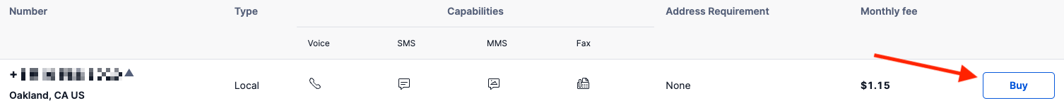 Ein Button zum Kauf der aufgelisteten Telefonnummer.