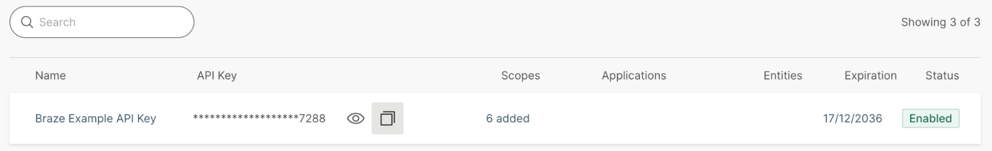 „Braze Example API Key“ mit 6 hinzugefügten Berechtigungen.
