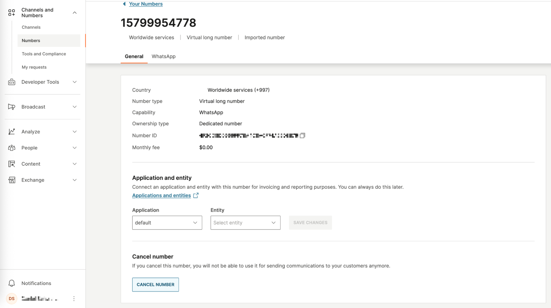Der Button „Cancel number“ für eine Infobip-Nummer.
