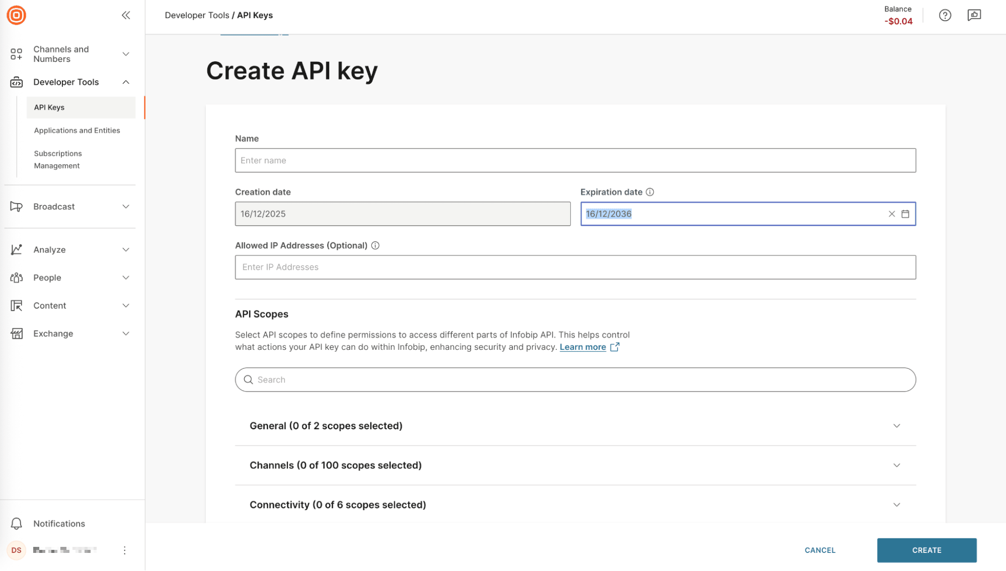 Seite „Create API key“ mit einem Erstellungsdatum „16/12/2025“ und einem Ablaufdatum „16/12/36“.