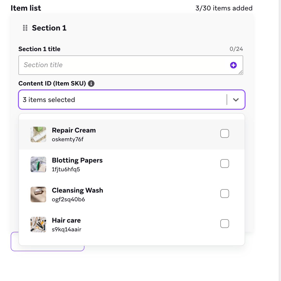 Artikelliste mit Dropdown zur Auswahl von Artikeln.