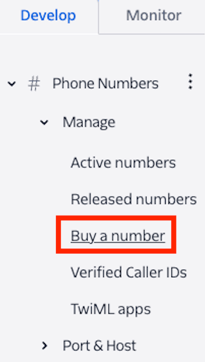 Twilio-Konsole mit geöffnetem Tab „Develop“ und der Option „Buy a number“.