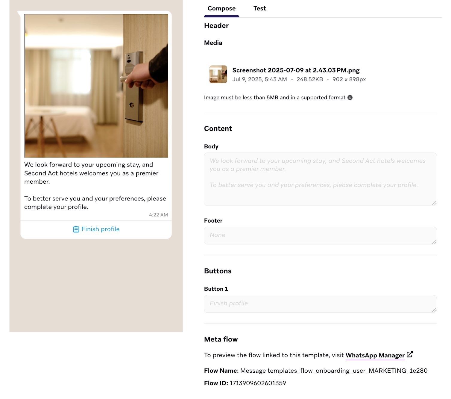 WhatsApp-Nachrichten-Editor mit einem WhatsApp-Flow-Template.