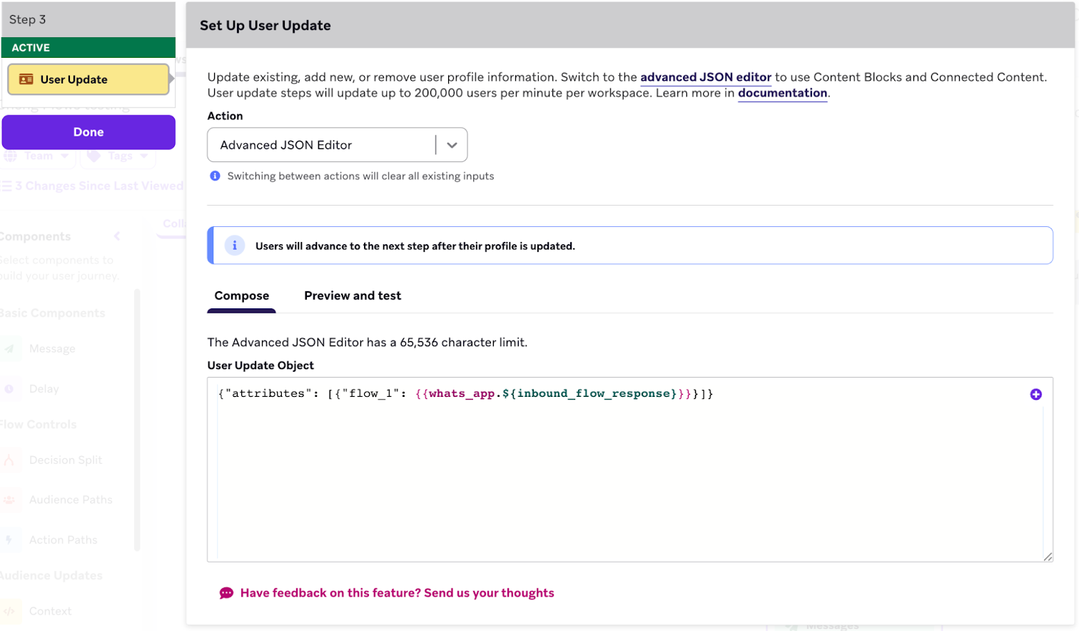 Nutzeraktualisierungsschritt mit einem erweiterten JSON-Editor.