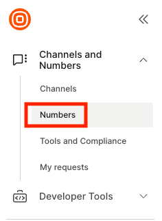 Infobip-Abschnitt „Channels and Numbers“ mit darunter aufgeführtem „Numbers“.