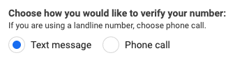 Abschnitt mit den Optionen zur Verifizierung Ihrer Telefonnummer per SMS oder Telefonanruf.
