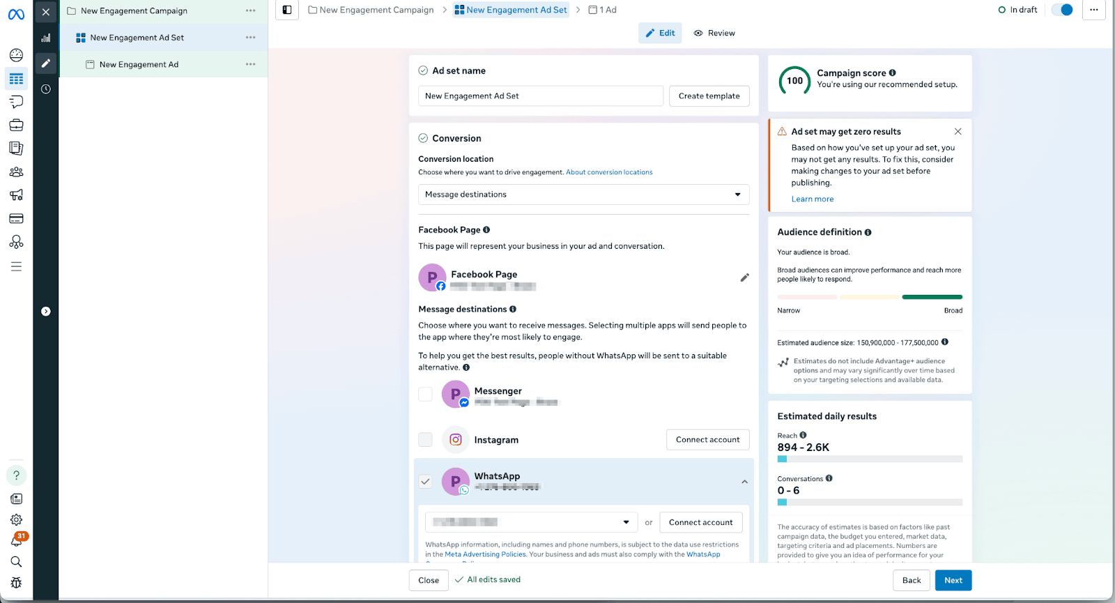 Ads Manager mit einem Editor zum Erstellen einer Engagement-Anzeige.