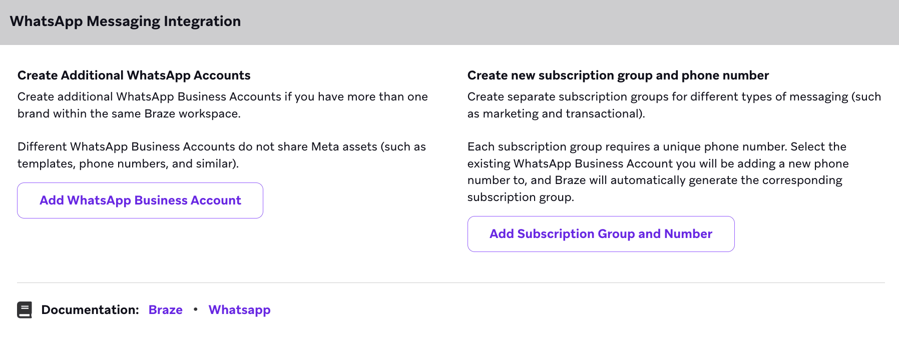 „WhatsApp Messaging Integration“ mit Optionen zum Hinzufügen eines WhatsApp Business-Kontos oder einer Abo-Gruppe und Nummer.