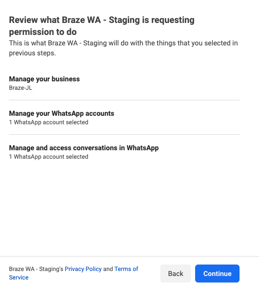 Liste der vom WhatsApp Business-Konto angeforderten Berechtigungen.