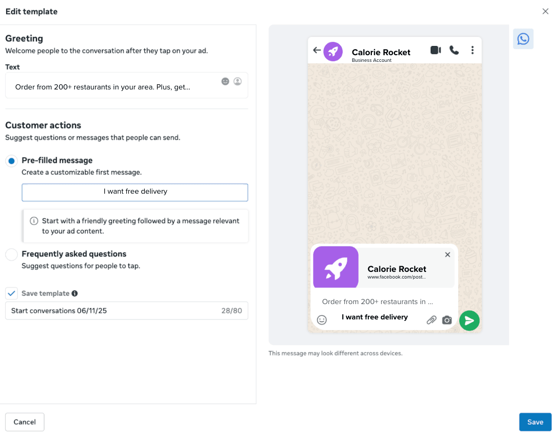 Ads Manager Template-Editor mit einer vorausgefüllten Nachricht „I want free delivery“.