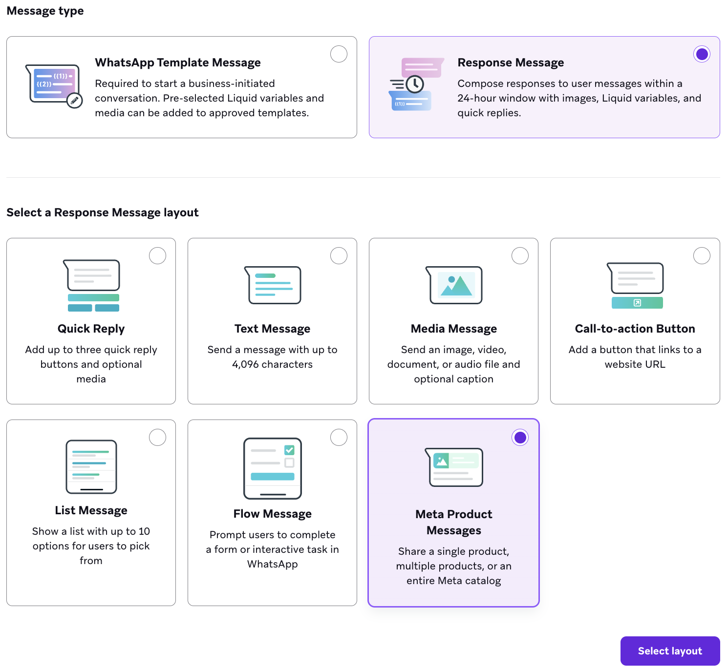 Optionen zur Auswahl eines Nachrichtentyps und Antwortnachricht-Layouts, wobei „Response Message“ und „Meta Product Messages“ hervorgehoben sind.