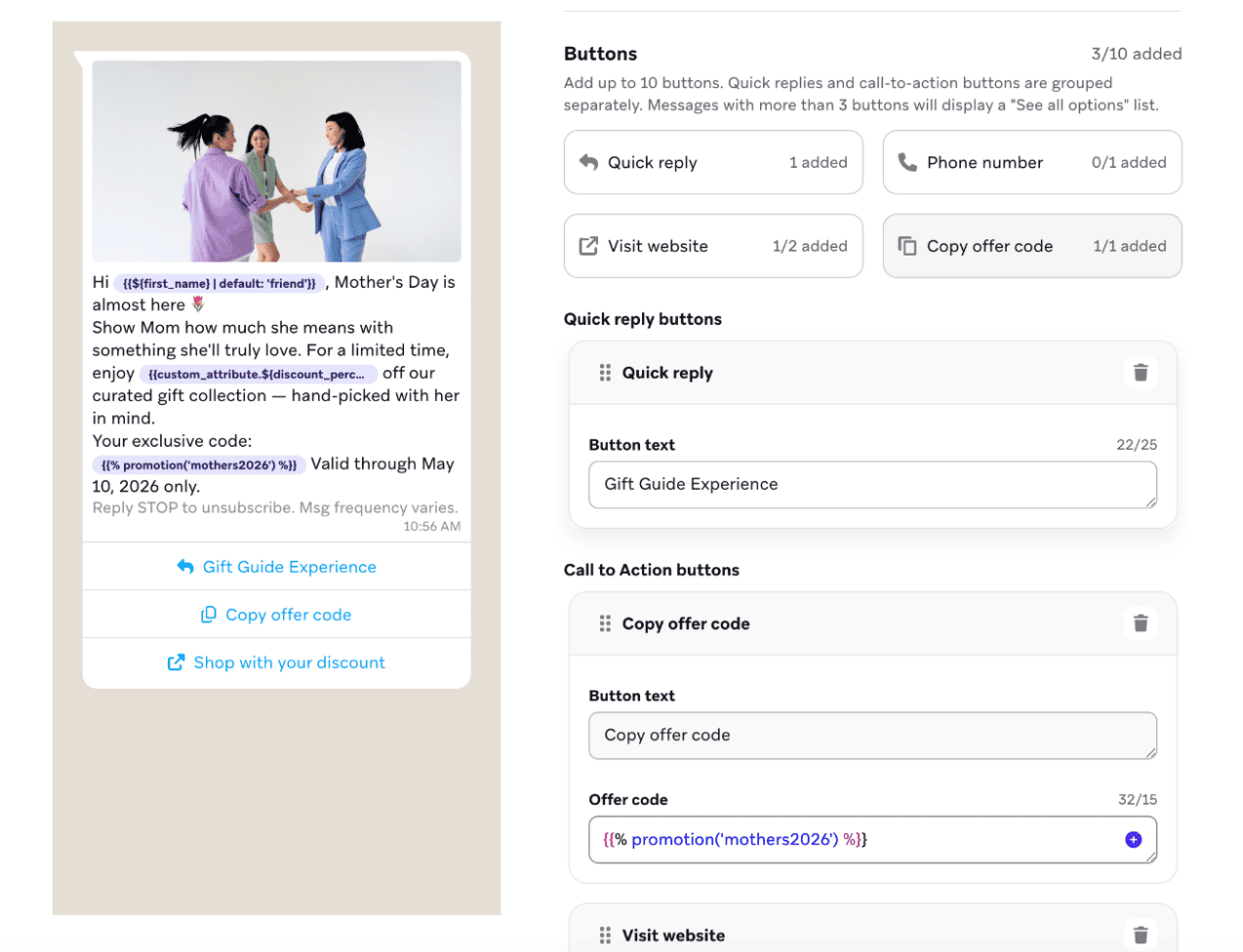 WhatsApp-Template-Editor mit Schnellantwort- und Call-to-Action-Buttons.