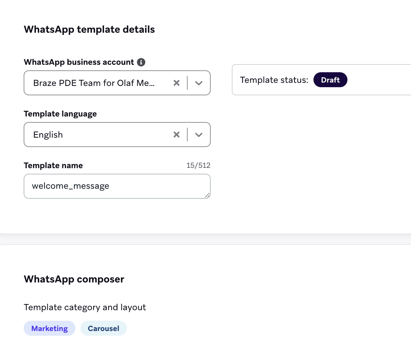 Panel mit WhatsApp-Template-Details, in dem ein WhatsApp Business Account ausgewählt ist, Englisch als Template-Sprache eingestellt und als Template-Name „welcome_message“ eingetragen ist.