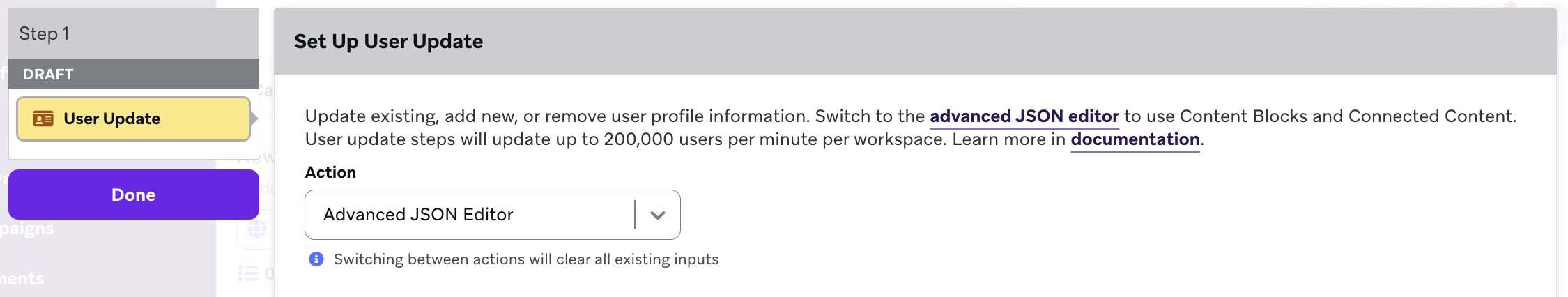 Nutzeraktualisierungsschritt mit der Aktion „Advanced JSON Editor“.