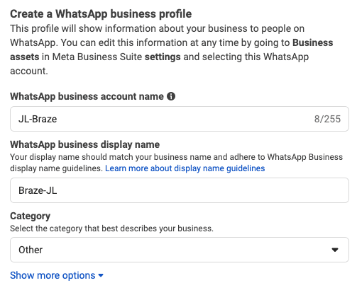 Felder zur Eingabe von Details für das neue WhatsApp Business-Konto.