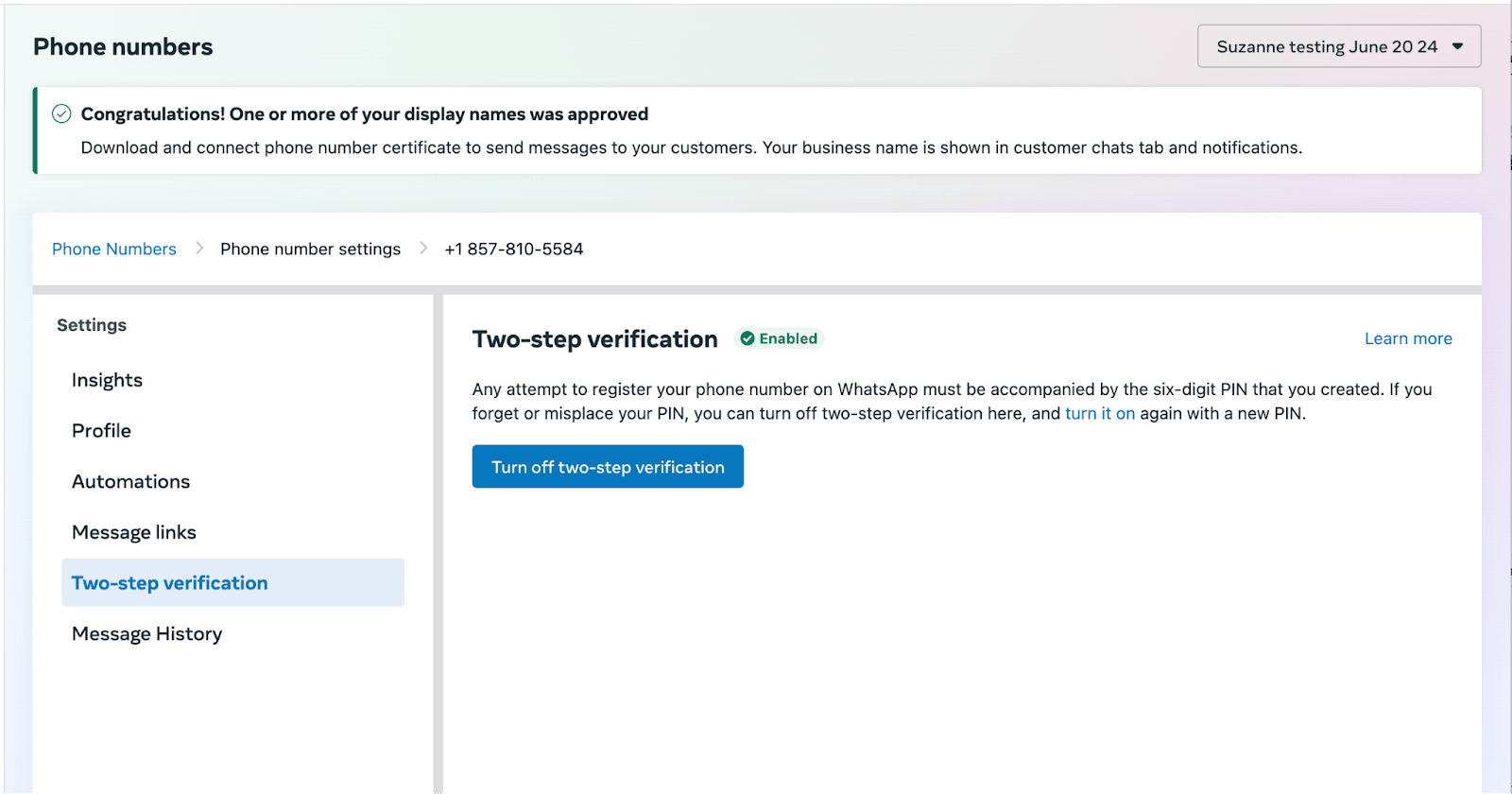 WhatsApp Business Manager, geöffnet auf der Seite „Phone numbers“.
