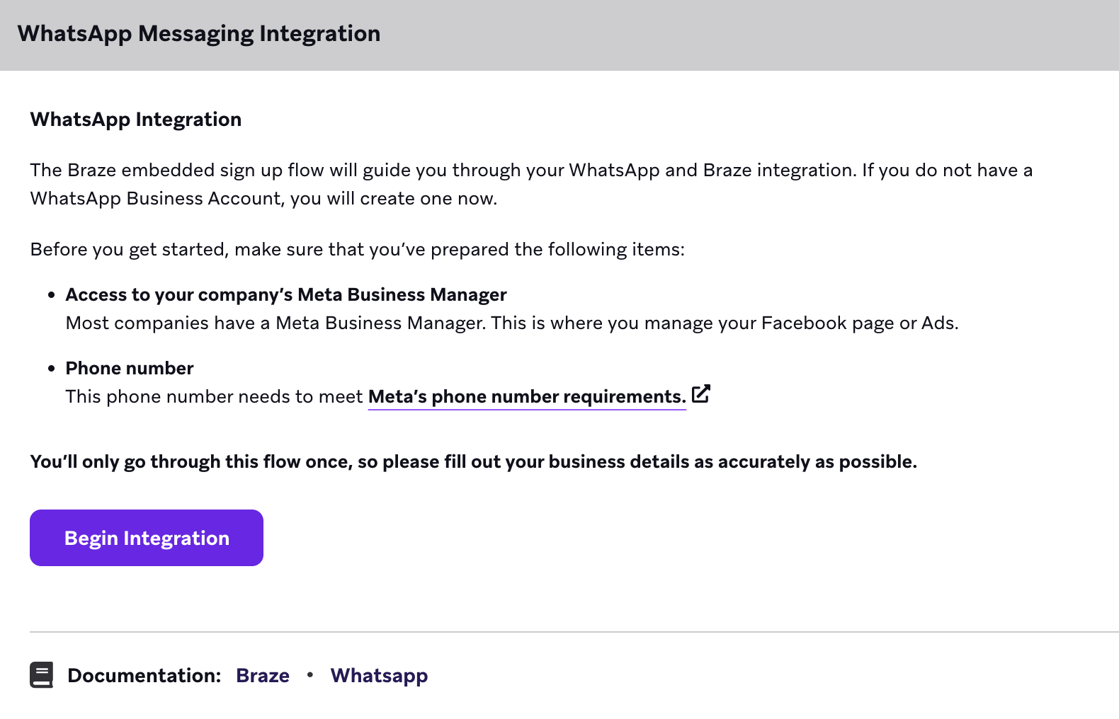 WhatsApp-Partnerseite mit einem Button zum Starten der Integration.
