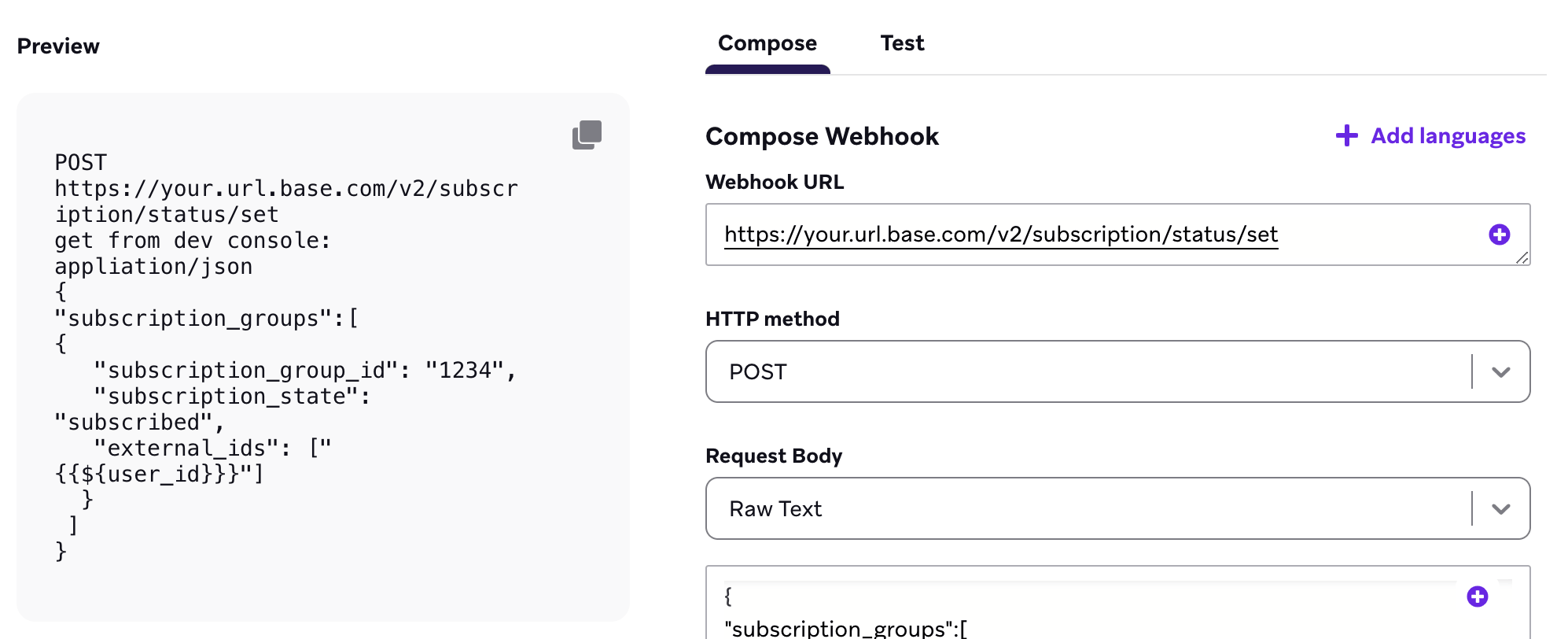 Webhook-Composer mit einer Nachricht, die die POST-Methode verwendet.