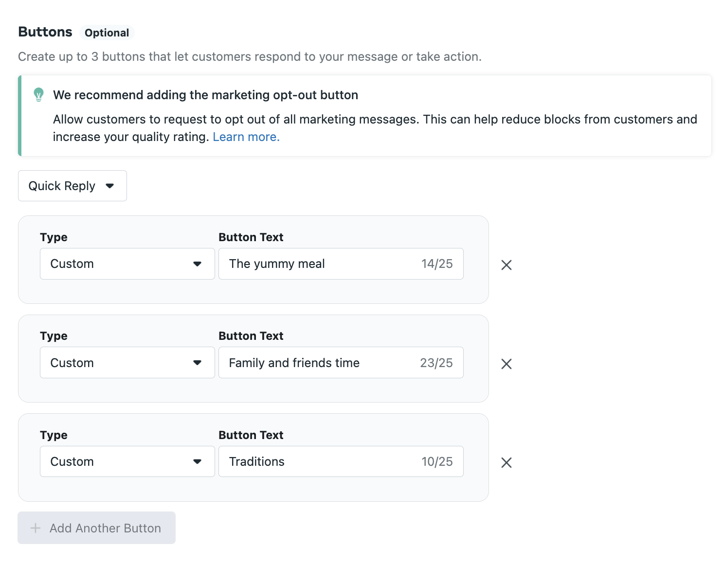 Die WhatsApp-Nachrichtentemplate-Manager-Oberfläche, die zeigt, wie ein CTA-Button erstellt wird, mit Angabe des Button-Typs (benutzerdefiniert) und des Button-Texts.