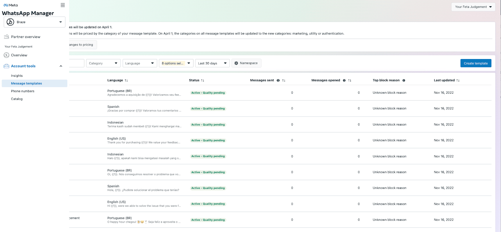 WhatsApp-Manager mit einer Liste von Nachrichten-Templates.
