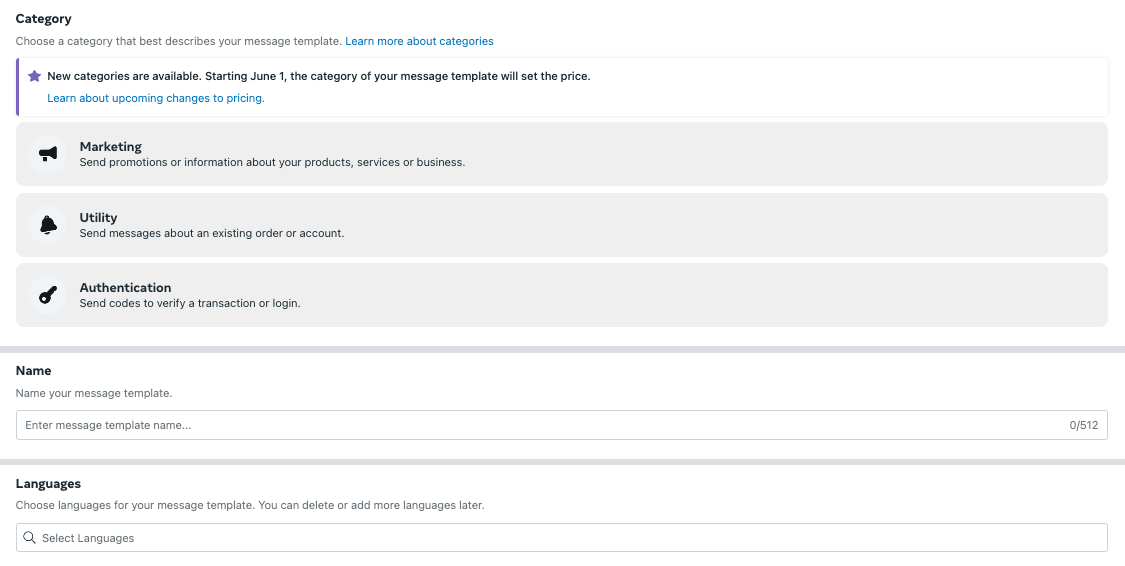 Nachrichten-Template-Composer mit Kategorien für Marketing, Utility und Authentifizierung.