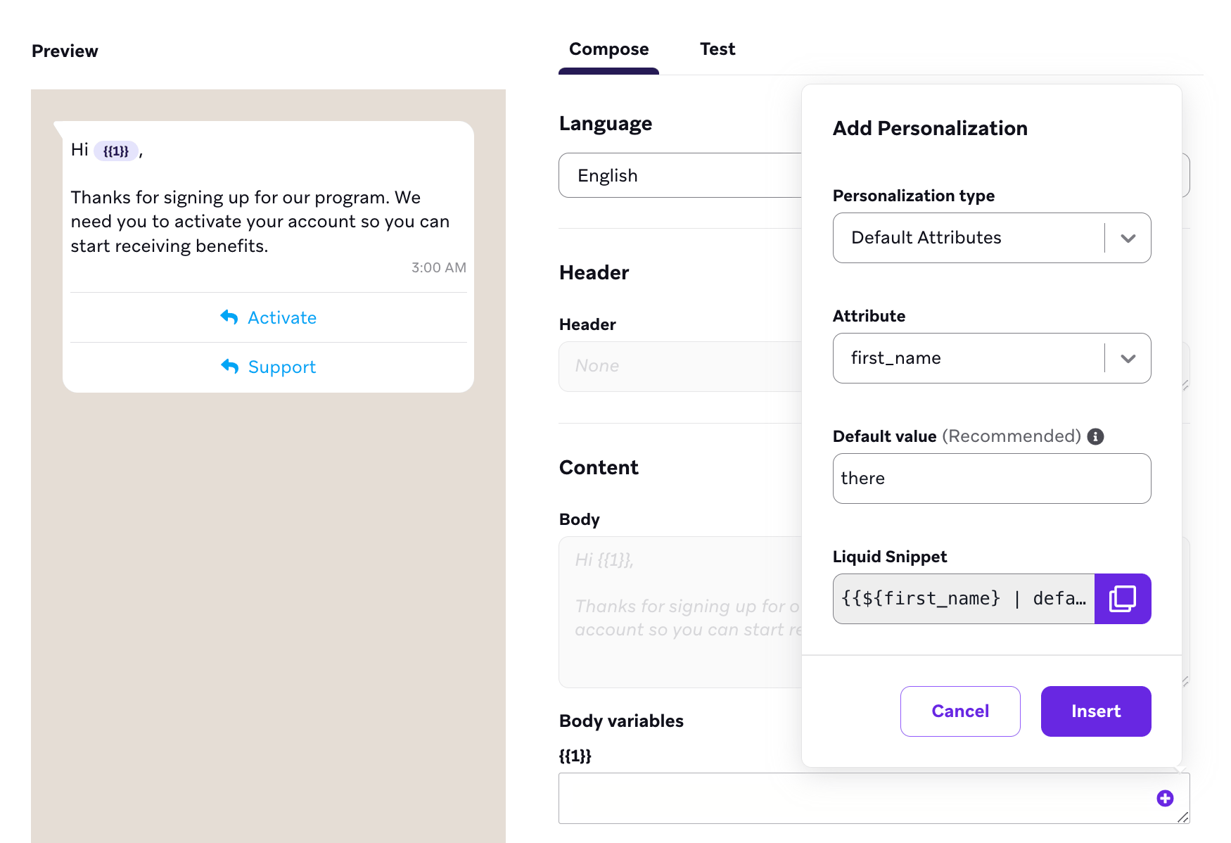 Das Tool „Personalisierung hinzufügen“ mit dem Attribut „first_name“ und dem Standardwert „you“.