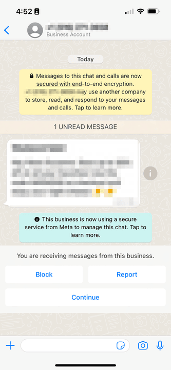 WhatsApp-Nachrichtenverlauf mit Optionen zum Blockieren oder Melden eines Unternehmens