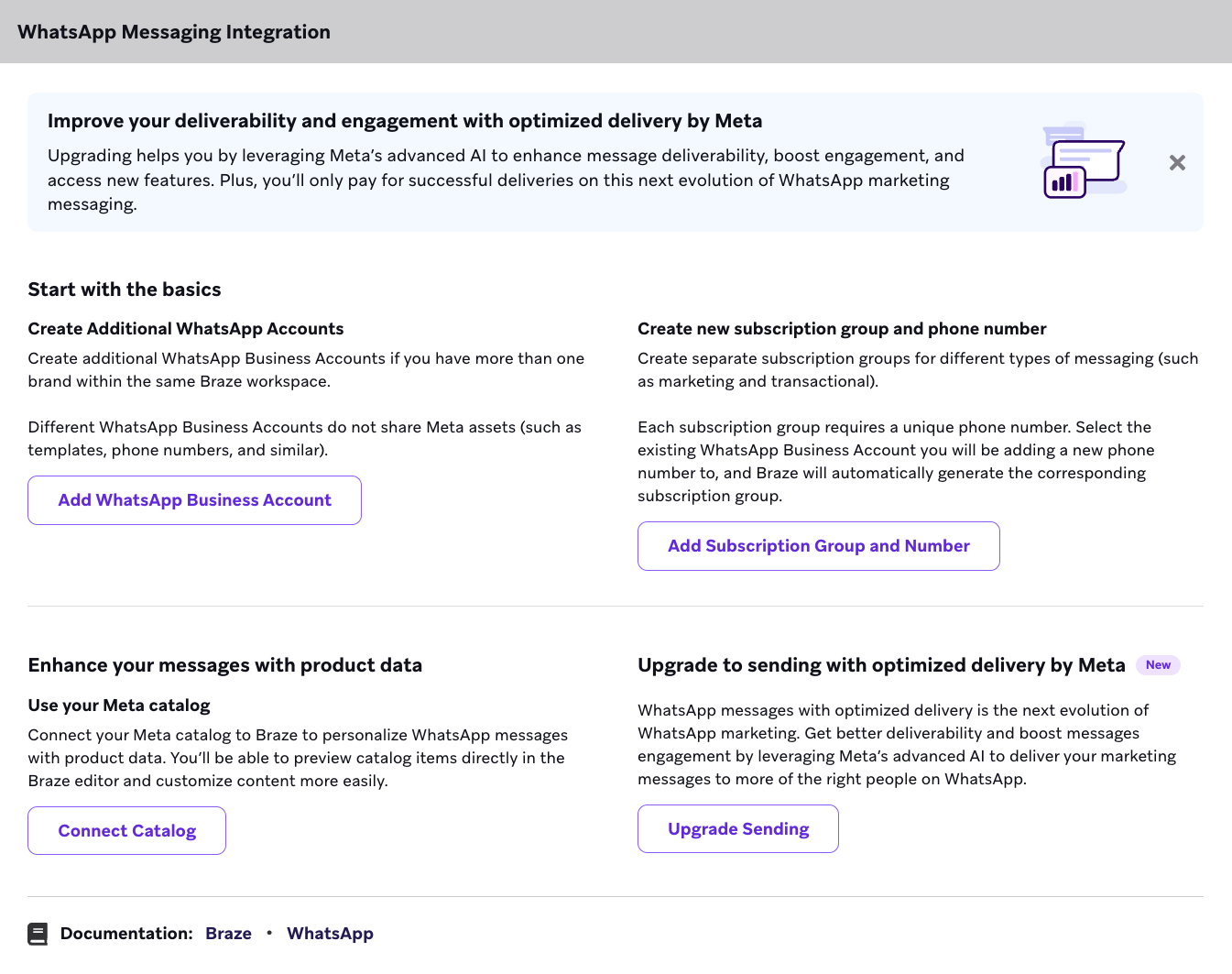 Der Abschnitt „WhatsApp Message Integration“ mit einer Option zur Optimierung des Versands mit optimierter Zustellung.