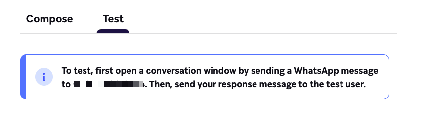 Ein Hinweis mit dem Text: „Um zu testen, öffnen Sie zunächst ein Konversationsfenster, indem Sie eine WhatsApp-Nachricht an +1 217-582-9414 senden. Senden Sie dann Ihre Antwortnachricht an die:den Testnutzer:in.“