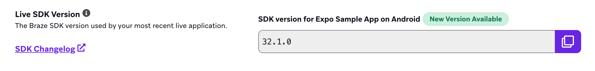 Der Abschnitt „Live-SDK-Version“ mit dem Feldwert „5.4.0“ und einem Symbol, das anzeigt, dass eine neue Version verfügbar ist.