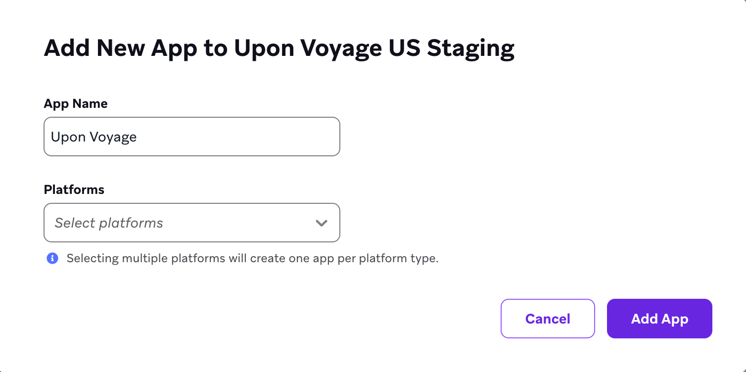 Das Modal „Add New App to Upon Voyage US - Staging“ mit Optionen zur Auswahl von App-Details.