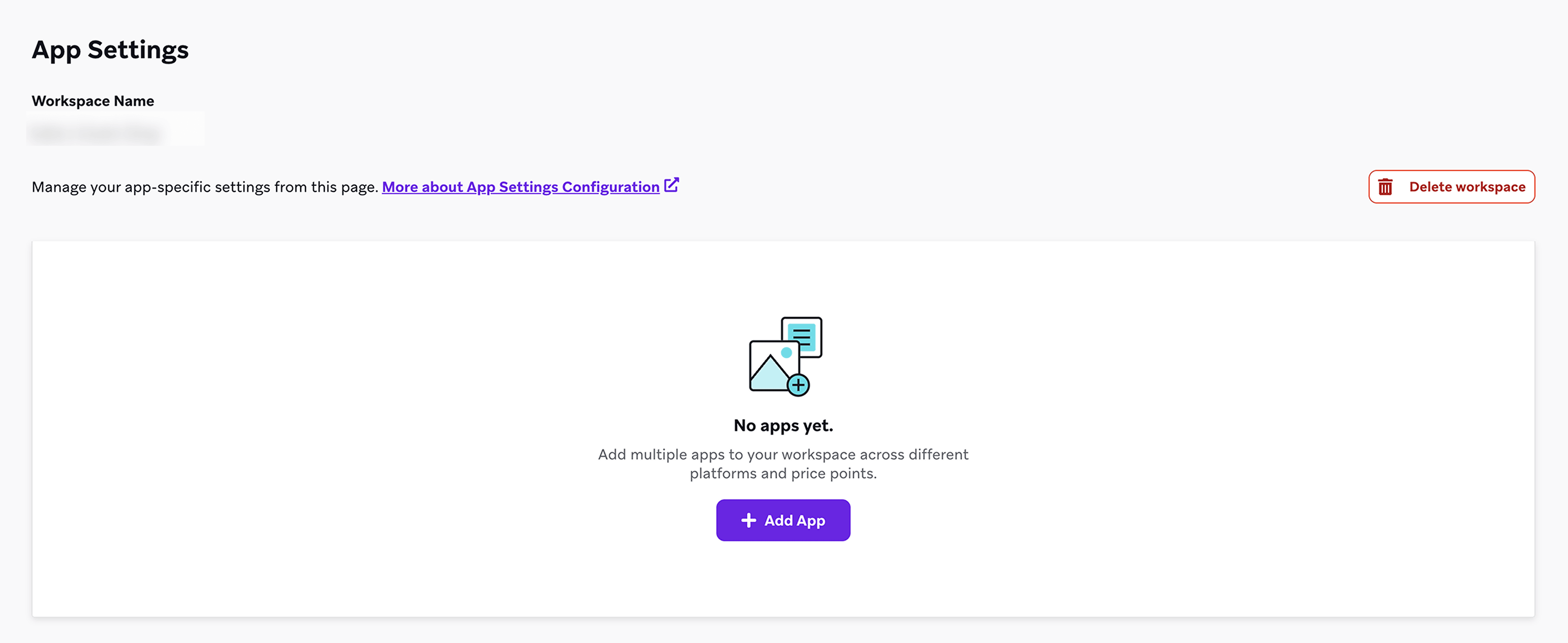 Die Seite „App Settings“ für den Workspace „Upon Voyage US - Staging“ mit einem Button zum Hinzufügen einer App.
