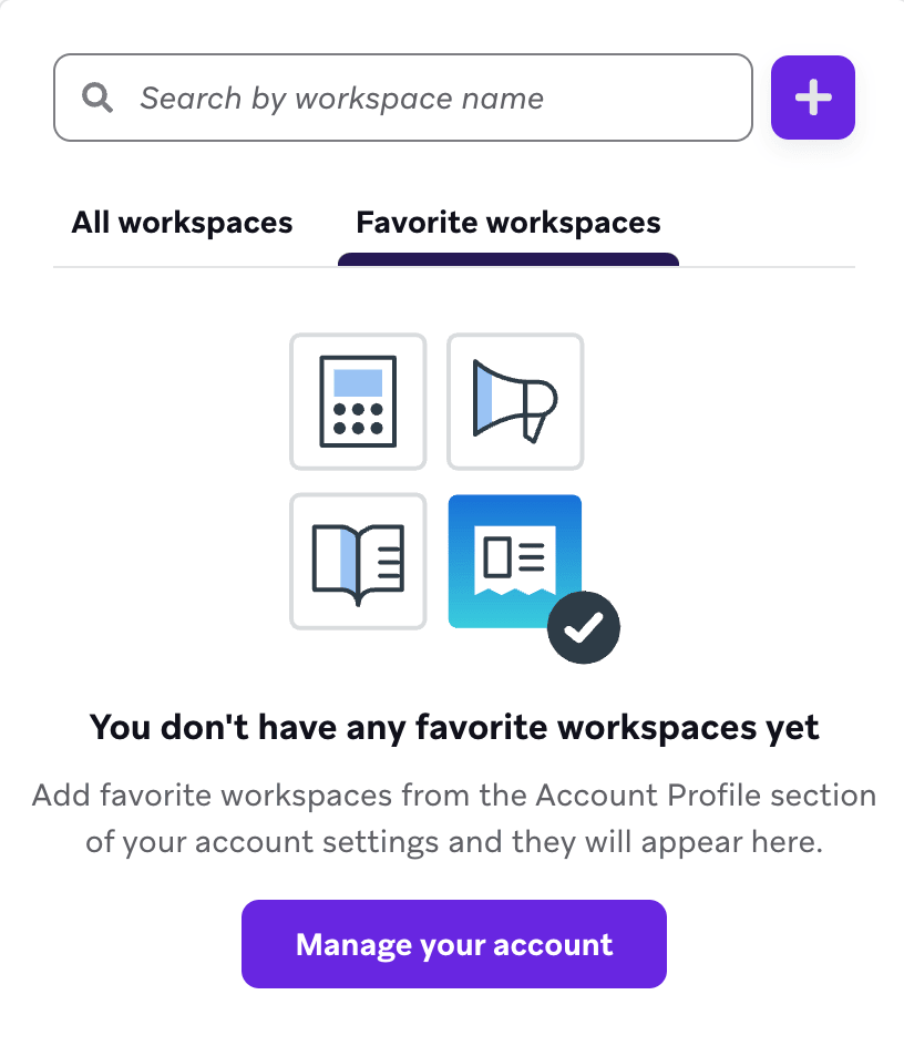 Workspace-Dropdown mit dem Tab „Bevorzugte Workspaces“.