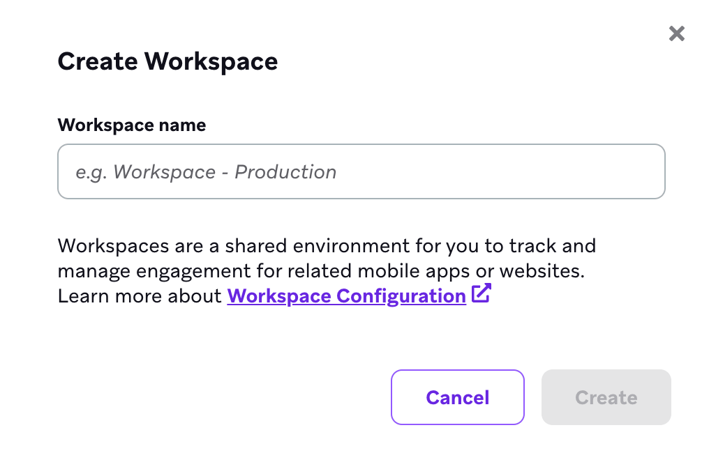 Das Modal „Workspace erstellen“ mit dem Namen „Upon Voyage US - Staging“.
